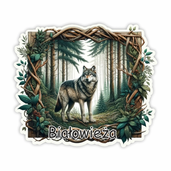 Drewniany magnes Wilk w przeplatanej ramce N2